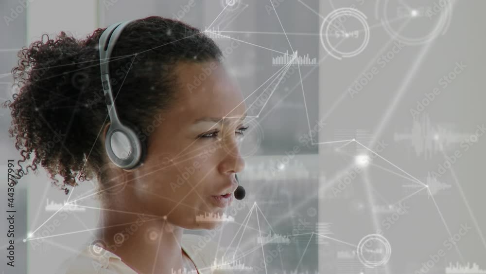 Animation of network of connections with globe over businesswoman using phone headset Animation of network of connections with globe over businesswoman using phone headset