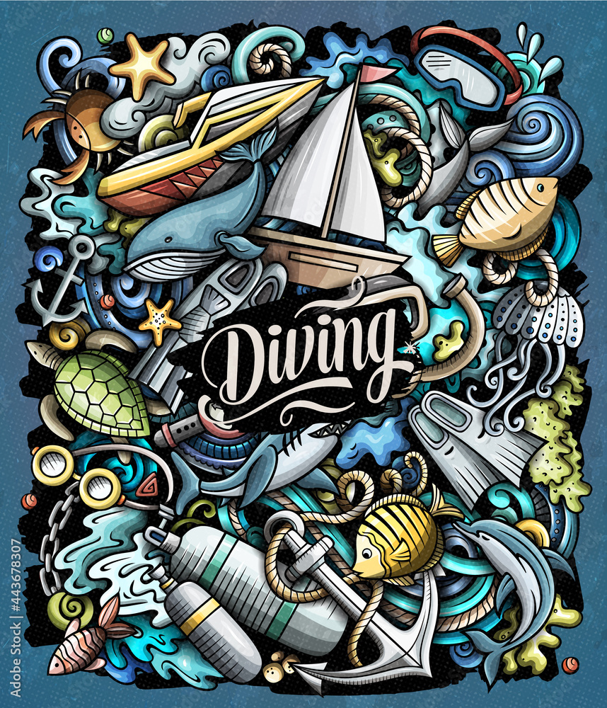 Diving cartoon vector doodles illustration.