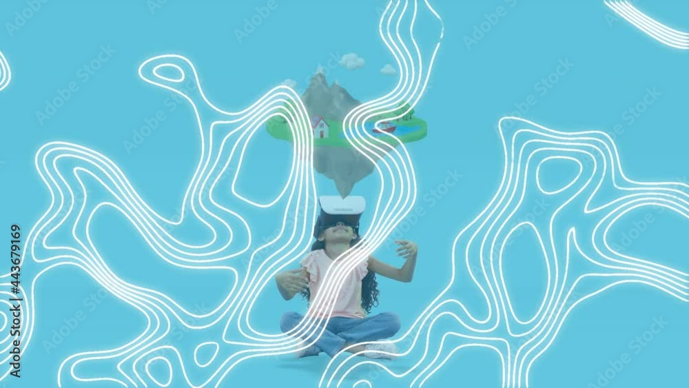 Animation of white lines over girl wearing vr headset on blue background