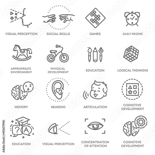Preschool education. Kids development. Vector icons set