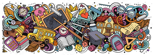 Cartoon cute doodles School banner design. Colorful illustration