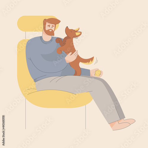 Isolated vector image of a dog with an owner. Love and care for your pet. Playing with the dog. Healthy dog. Light background. Hand drawing in flat style with line. 