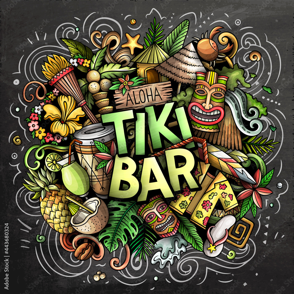 Tiki Bar hand drawn cartoon doodle illustration. Funny Hawaiian design