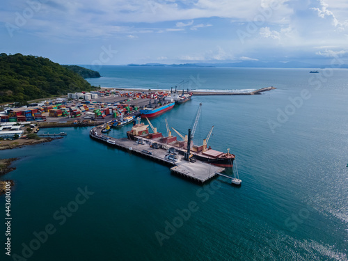 Beautiful aerial view of the Caldera Port in Puntarenas Costa Rica  full with cargo ships
