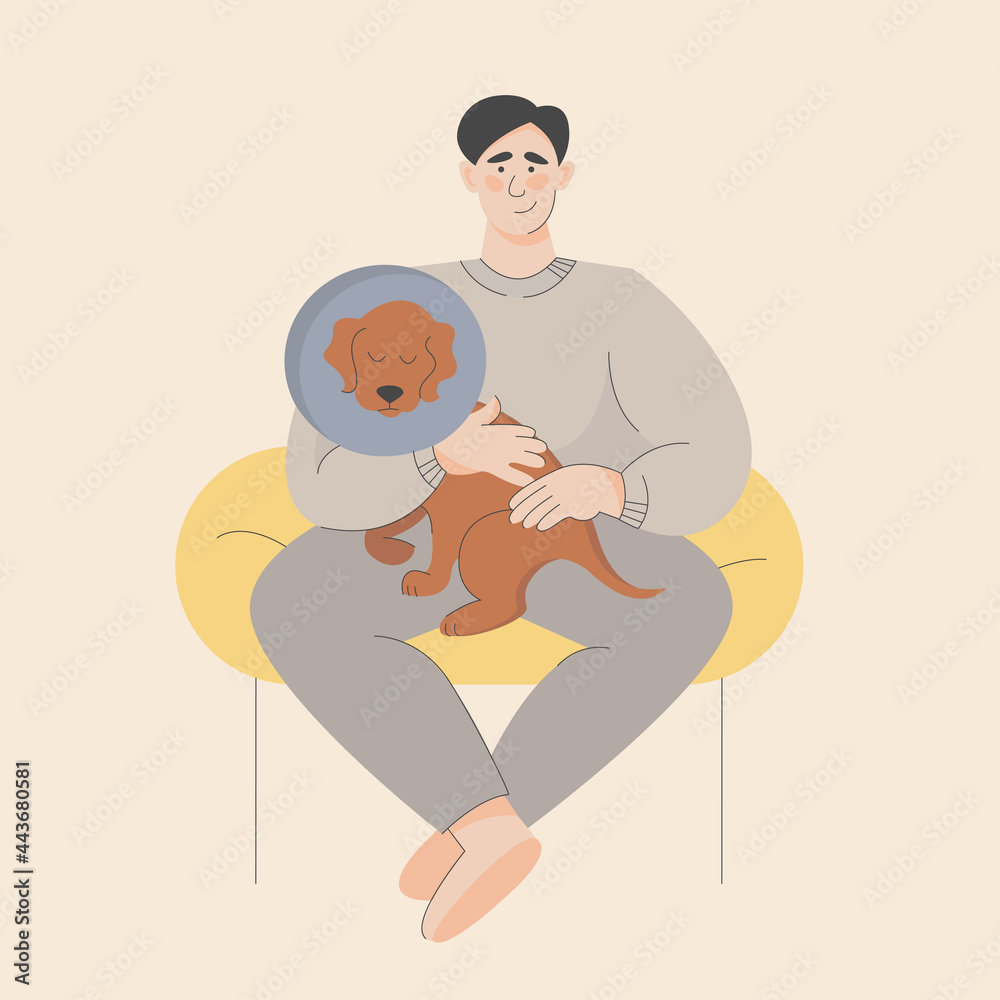 Isolated vector image of a dog with an owner. Love and care for your pet. Playing with the dog. Healthy dog. Light background. Hand drawing in flat style with line. Isolated vector image of a dog with an owner. Love and care for your pet. Playing with the dog. Healthy dog. Light background. Hand drawing in flat style with line.