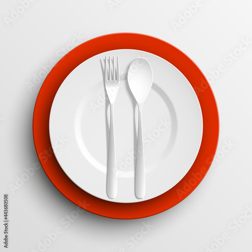 Plate, spoon and fork isolated on napkin background. Canteen icon. dining room badge. buffet icon. Here you can eat picture. Fast food restaurant badge. illustration