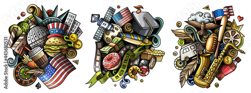 Photography USA cartoon vector doodle designs set.