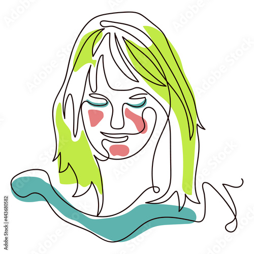 Vector illustration of a young girl with long hair in an abstract style with abstract colored spots drawn in one continuous line. Suitable for printing on clothing, advertising.