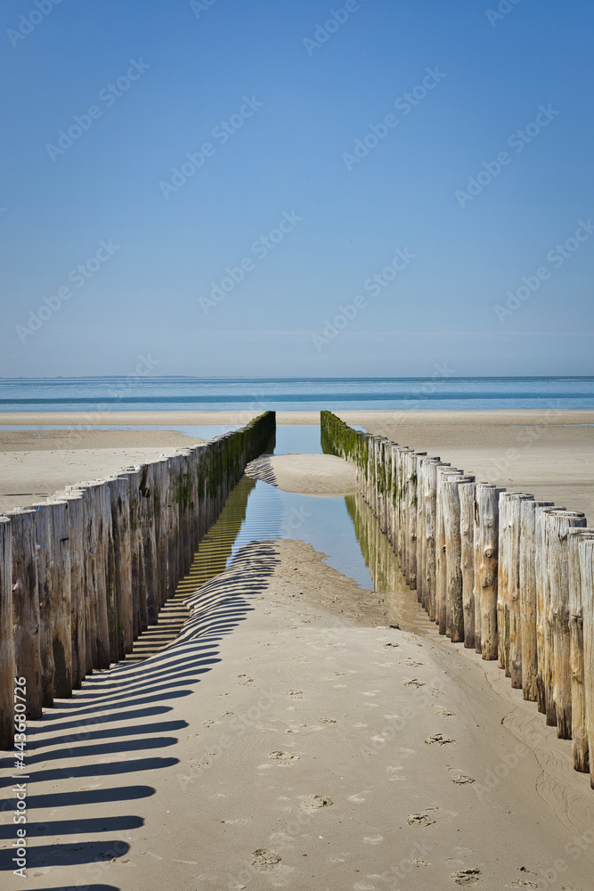 Vertical view on two rows of pile heads leading towards the North sea during ebb in summer. Breakwaters in Zeeland with copy space.