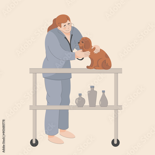 Isolated vector image of a sick dog with a veterinarian. Love and care for your pet. Healthy dog. Light background. Hand drawing in flat style with line. 