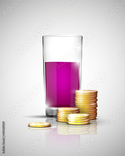Glass of drink with pile gold coins on bottom. Savings when choosing a drink