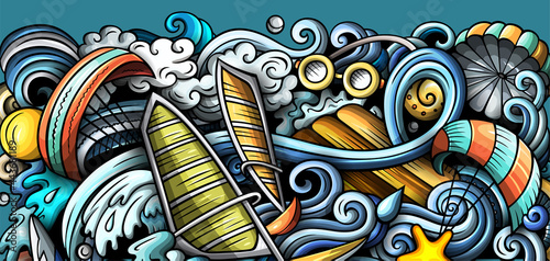 Water sports hand drawn doodle banner. Cartoon vector detailed flyer.