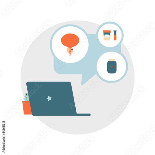 Laptop and speech bubble with information on prostate cancer treatment flat illustration. Telemedicine, online health care and medical consultation. Distant medical service for patients 