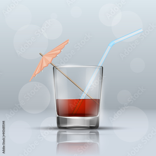 Glass cold drink alcohol & straw. Bright soda & umbrella. A glass of lemonade or fruit juice with umbrella. Cold iced tea. Bar with a glass of cocktail fizzy water drink with straw