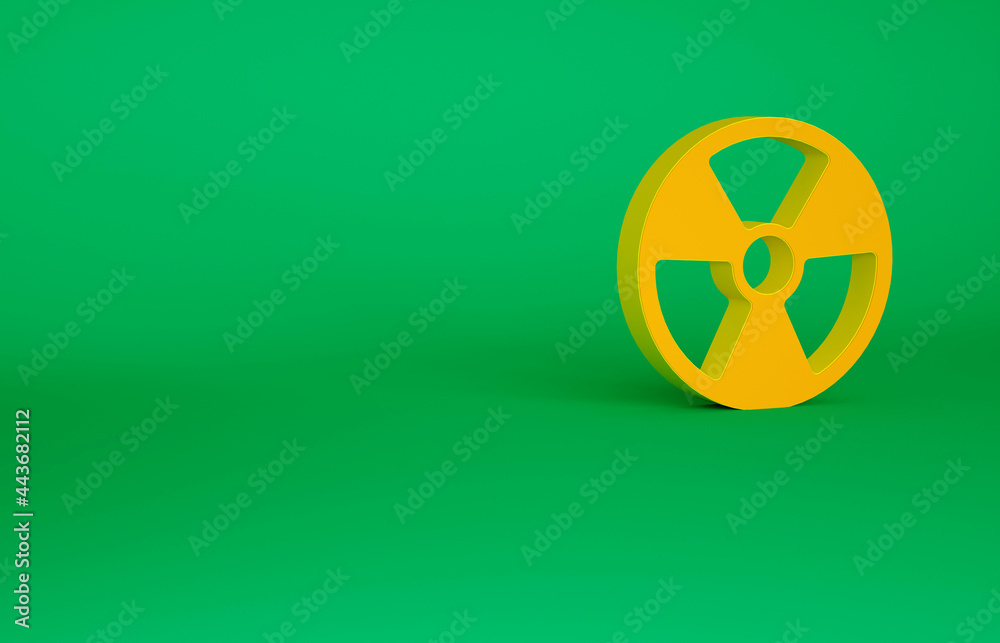 Orange Radioactive icon isolated on green background. Radioactive toxic symbol. Radiation Hazard sign. Minimalism concept. 3d illustration 3D render Orange Radioactive icon isolated on green background. Radioactive toxic symbol. Radiation Hazard sign. Minimalism concept. 3d illustration 3D render