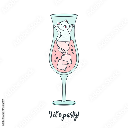 Let's party! Illustration of a funny white cat swimming in a cocktail glass with ice. Can be used as greeting card or poster.