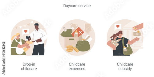 Daycare service abstract concept vector illustration set. Drop-in childcare, childcare expenses, childcare subsidy, family budget, nursery school, part-time kindergarten, tax credit abstract metaphor.