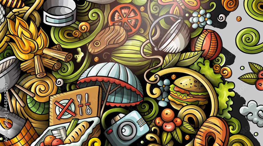 Picnic hand drawn doodle banner. Cartoon vector detailed flyer. Picnic hand drawn doodle banner. Cartoon vector detailed flyer.