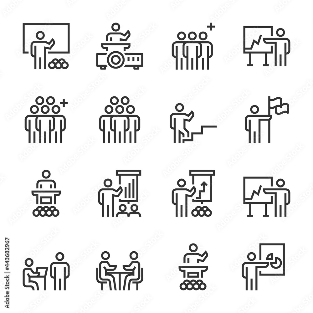 business people management leader training line icons vector
