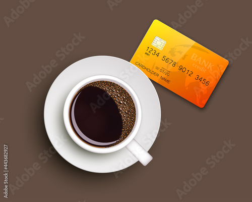 Cup of coffee on warfare dish, bank chip card. Breakfast image, top view. Morning drink coffe and plastic credit card. Hot coffee cup on white platter, debit card top banner. cashless payment