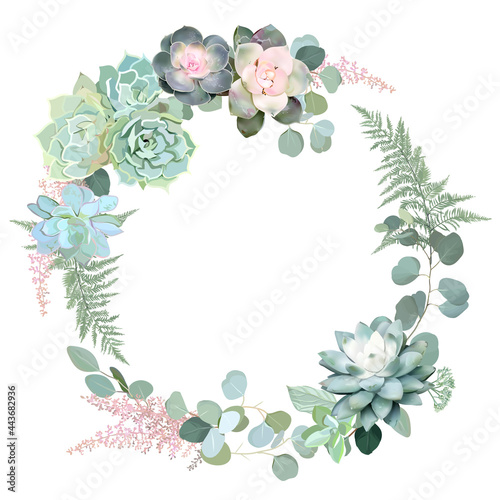 Greenery and succulents vector design round invitation frame