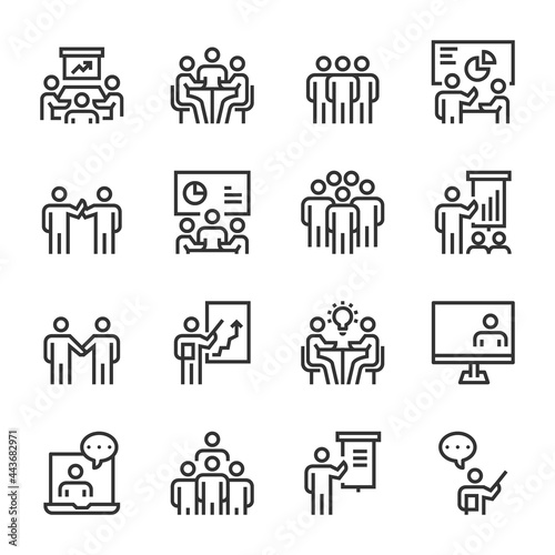 business people management leader training line icons vector