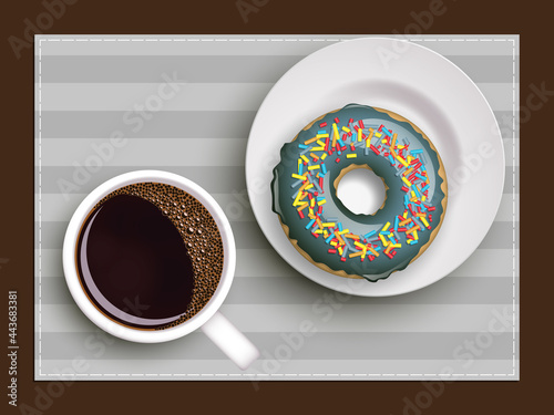 Cup of coffee on warfare dish, donut in glaze. Breakfast image, top view. Morning drink with sweetness. Hot coffee cup on white platter, donut glaze. Light snack top banner. Still life dessert