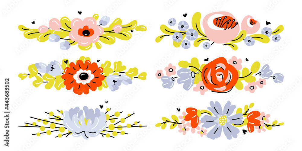 Set of cute hand drawn flowers. Modern collage of blossoming plants for pre-made poster print or greeting card. Naive style vector illustration with abstract floral design. Editable stroke
