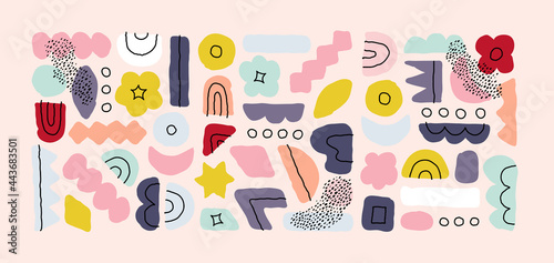 Set of abstract hand drawn doodle objects and various organic shapes. Modern collage for pre-made poster print or greeting card. Contemporary multicolored vector illustration. Editable stroke