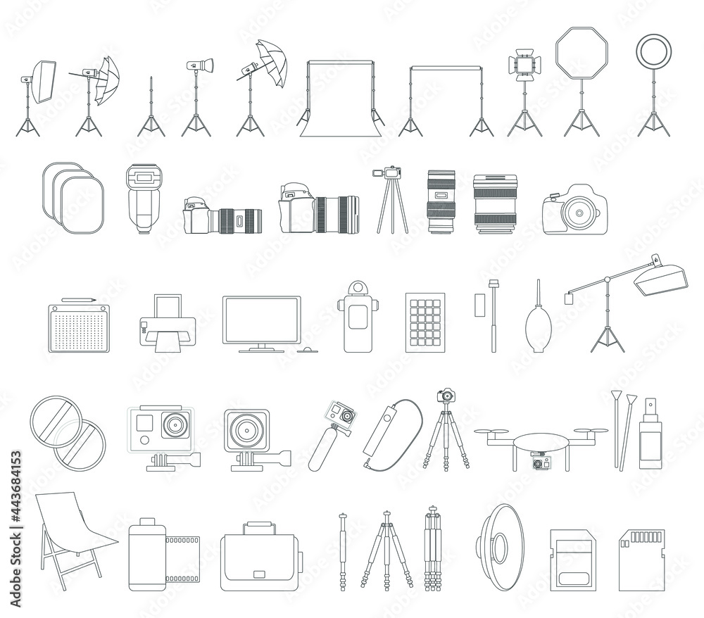 kit of icons related to photography and photographic equipment, on white background kit of icons related to photography and photographic equipment, on white background