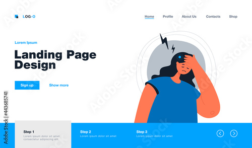 Sad woman suffering from headache. Tired female with migraine, pain, stress from work flat vector illustration. Headache, burnout, health problem concept for banner, website design or landing web page