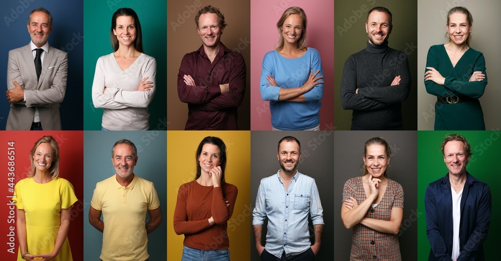 Obraz premium Group of six commercial people in front of a colored background
