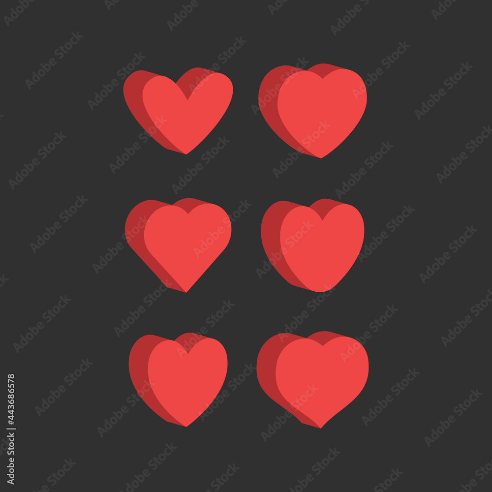 Heart icons. Isometric flat design 3d style. Love and romance symbol set.