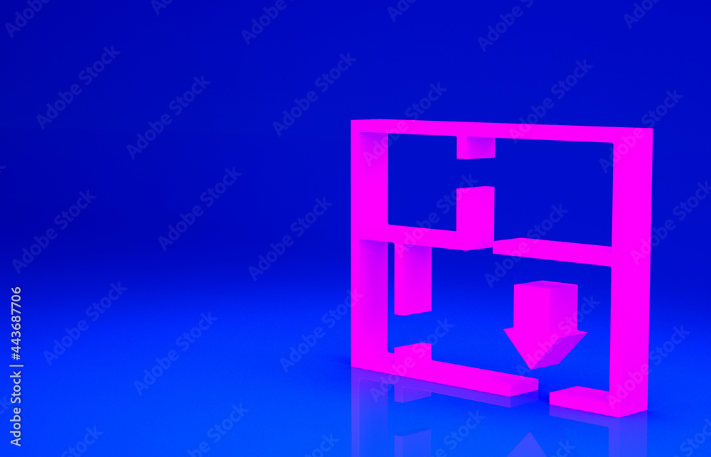 Pink Evacuation plan icon isolated on blue background. Fire escape plan. Minimalism concept. 3d illustration 3D render Pink Evacuation plan icon isolated on blue background. Fire escape plan. Minimalism concept. 3d illustration 3D render