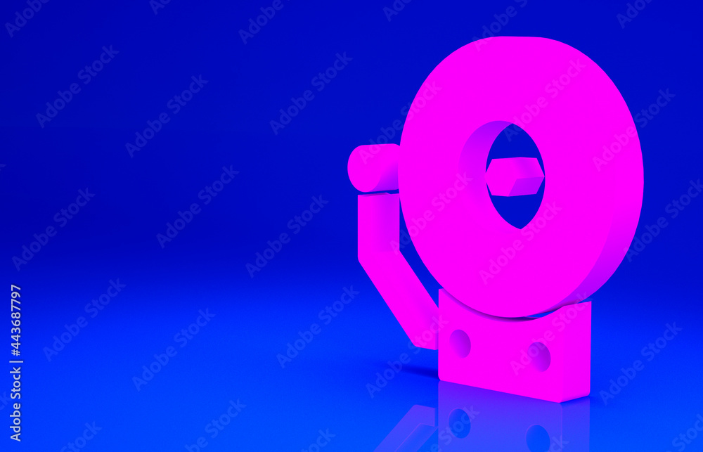 Pink Ringing alarm bell icon isolated on blue background. Fire alarm system. Service bell, handbell sign, notification symbol. Minimalism concept. 3d illustration 3D render Pink Ringing alarm bell icon isolated on blue background. Fire alarm system. Service bell, handbell sign, notification symbol. Minimalism concept. 3d illustration 3D render