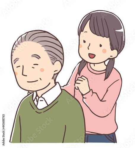 おじいちゃんの肩たたきをする孫