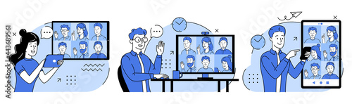 Collective virtual meeting and group video conference. Men and women talking with friends online. Set of vector illustration worker using devices for videoconference, remote work, technology concept