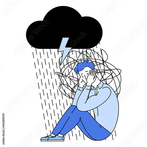 Man with anxiety touch head surrounded by think. Mental disorder and chaos in consciousness. Frustrated guy with nervous problem feel anxiety and confusion of thoughts vector flat illustration. 

