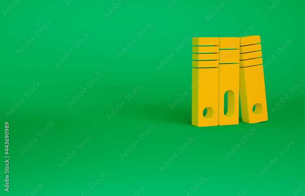 Orange Office folders with papers and documents icon isolated on green background. Office binders. Archives folder sign. Minimalism concept. 3d illustration 3D render Orange Office folders with papers and documents icon isolated on green background. Office binders. Archives folder sign. Minimalism concept. 3d illustration 3D render