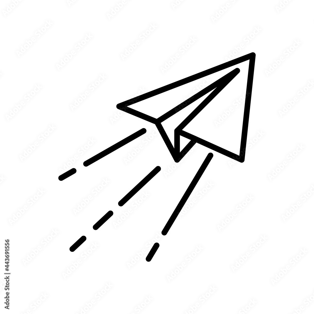 Flying away paper plane. Black vector outline pictogram isolated on white. Flying away paper plane. Black vector outline pictogram isolated on white.