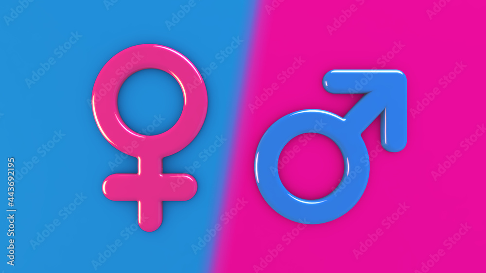 Male female gender symbol in pink and blue with pink blue background split and feathered Male female gender symbol in pink and blue with pink blue background split and feathered