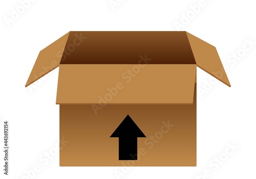 Caja de cartón abierta para embalaje con flecha negra hacia arriba y sobre fondo blanco. Reciclaje de cartón