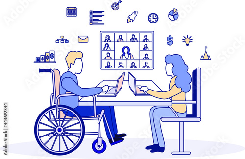 Inclusion and diversity concept. A man in a wheelchair is talking by videoconference in the office. Disabled businessman.