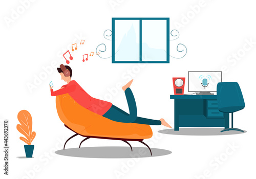 Concept happy relax. man lying on the sofa playing on the phone  Inside the living room on vacation happily. Vector flat style. Illustration for content relaxing, happiness, holidays, lifestyle, enjoy