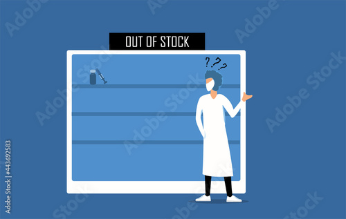 Vaccine out of stock or not available, a doctor looking at empty shelf and vaccines are unavailable 