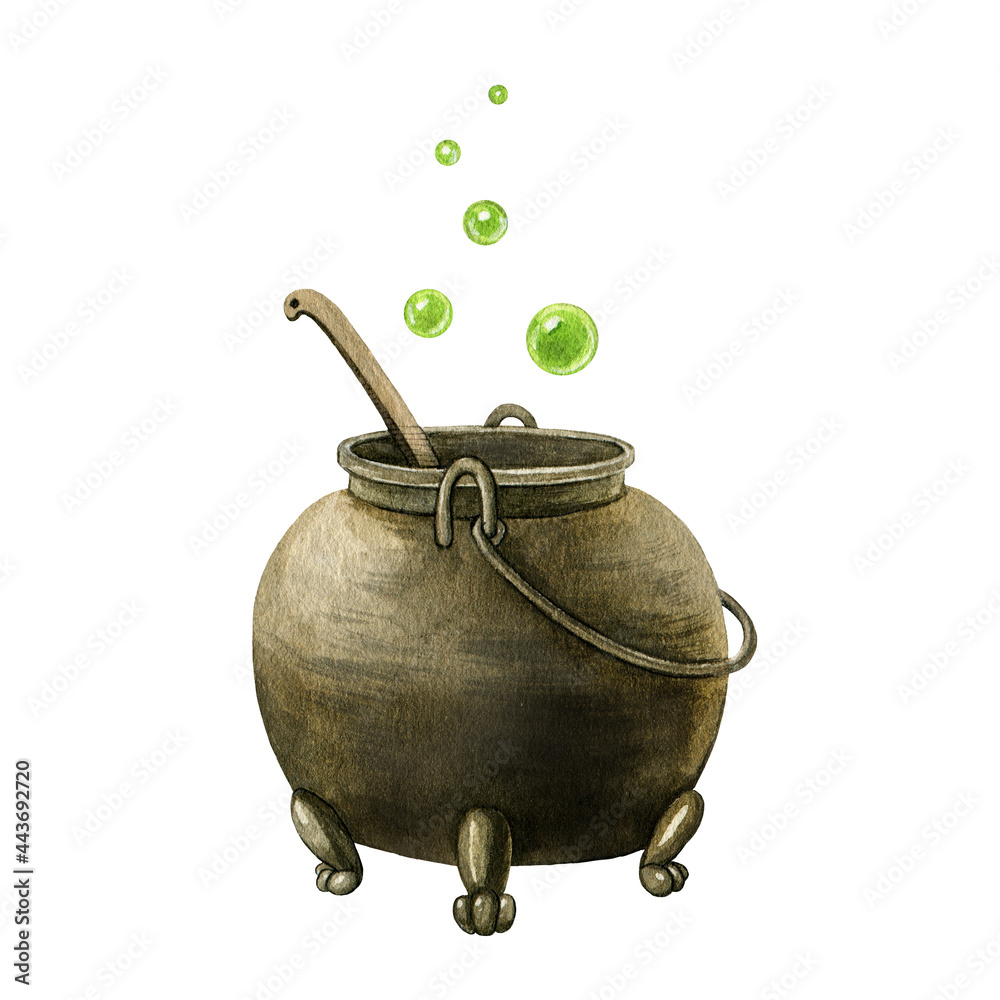 Old metal kettle. Watercolor illustration. Magic pot with potion
