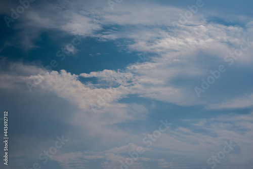 Scattered cloud clusters in a blue sky, blue sky background with white clouds,