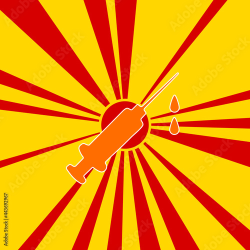 Syringe symbol on a background of red flash explosion radial lines. The large orange symbol is located in the center of the sun, symbolizing the sunrise. Vector illustration on yellow background