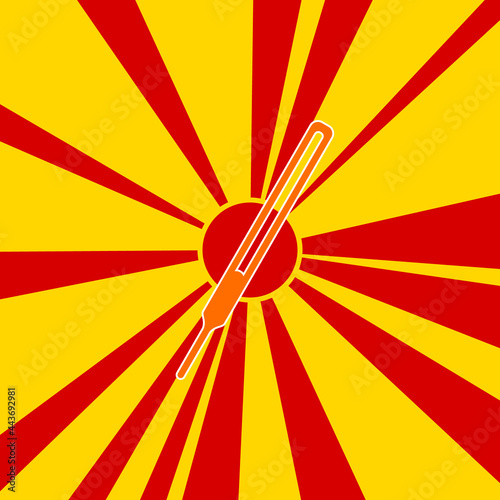 Thermometer symbol on a background of red flash explosion radial lines. The large orange symbol is located in the center of the sun, symbolizing the sunrise. Vector illustration on yellow background