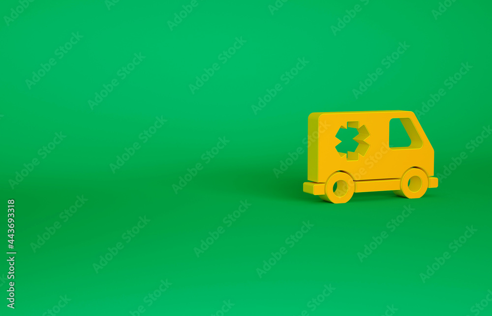 Orange Ambulance and emergency car icon isolated on green background. Ambulance vehicle medical evacuation. Minimalism concept. 3d illustration 3D render Orange Ambulance and emergency car icon isolated on green background. Ambulance vehicle medical evacuation. Minimalism concept. 3d illustration 3D render
